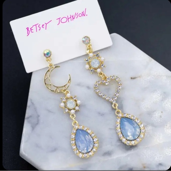 Betsey Johnson Jewelry - Betsey Johnson Gold and Blue Stone Celestial Drop Earrings Moon Heart Sparkling